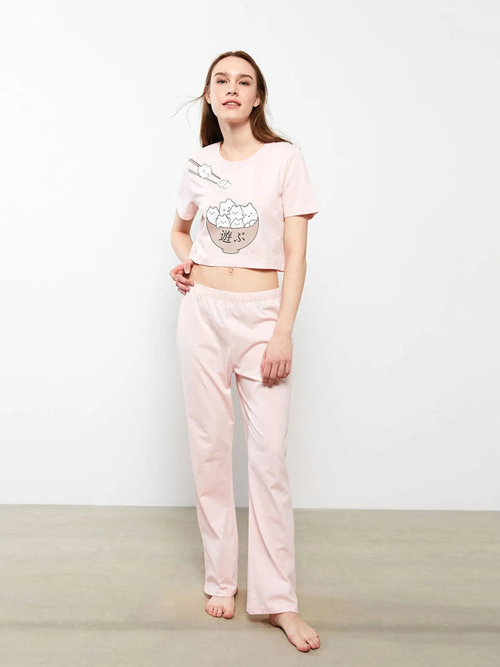 Lcw Dream Crew Neck Printed Short Sleeve Cotton Women Pajamas Set