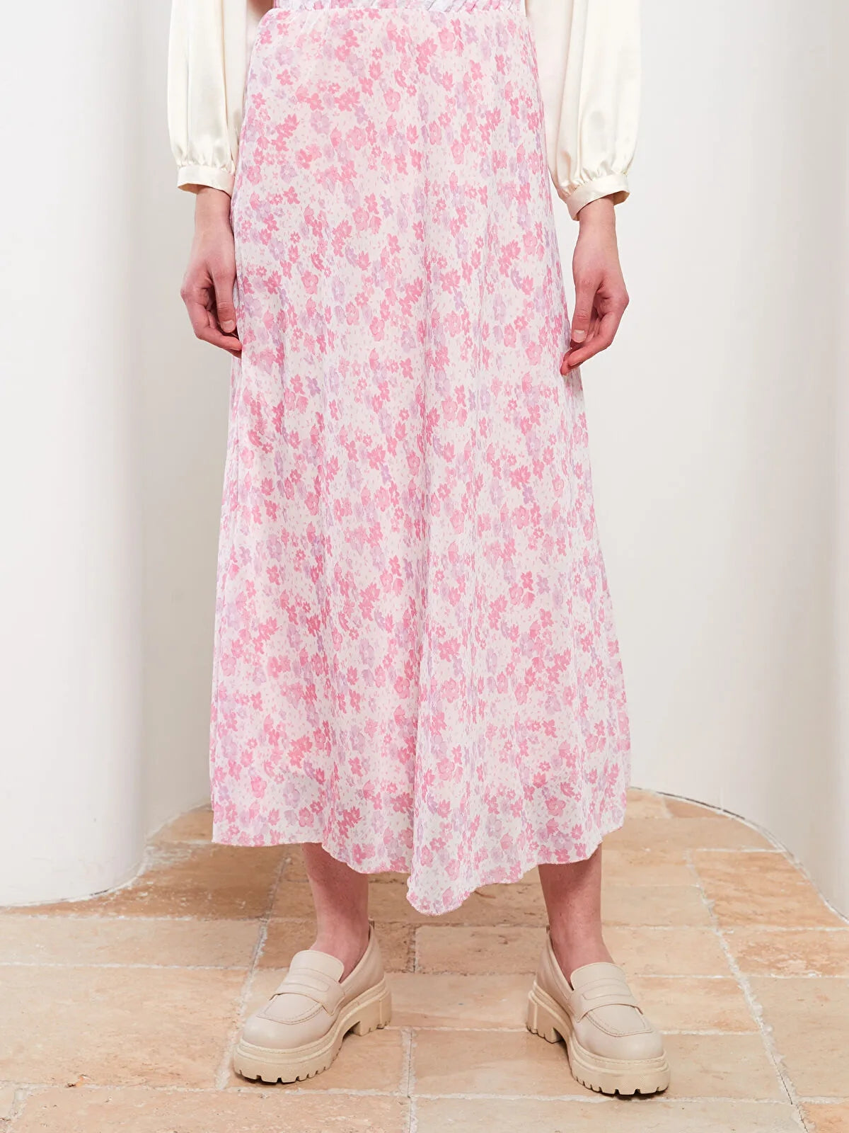 Modest Elastic Waist Floral A-Line Chiffon Women Skirt