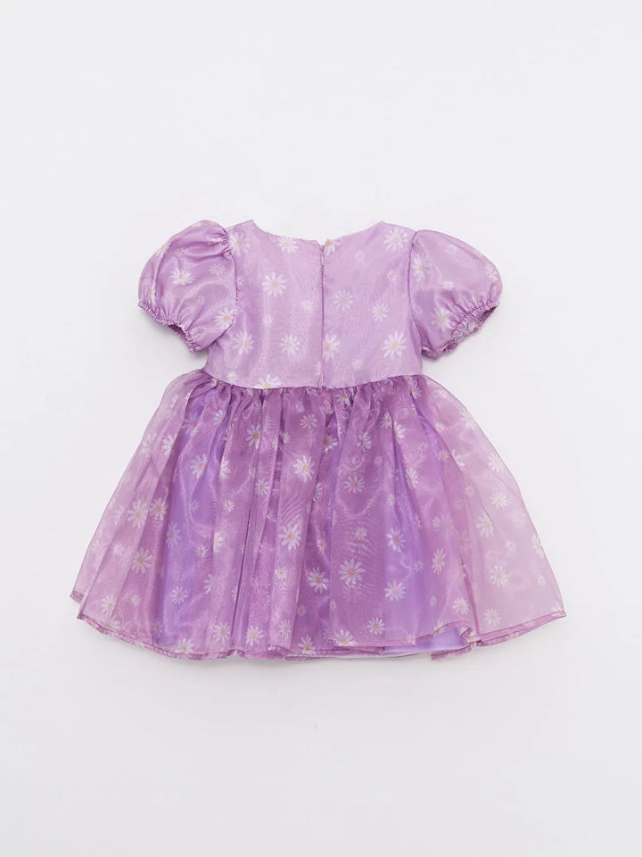 فستان ايفيننج بناتي اطفال مطبوع بأكمام قصيرة ورقبة دائرية