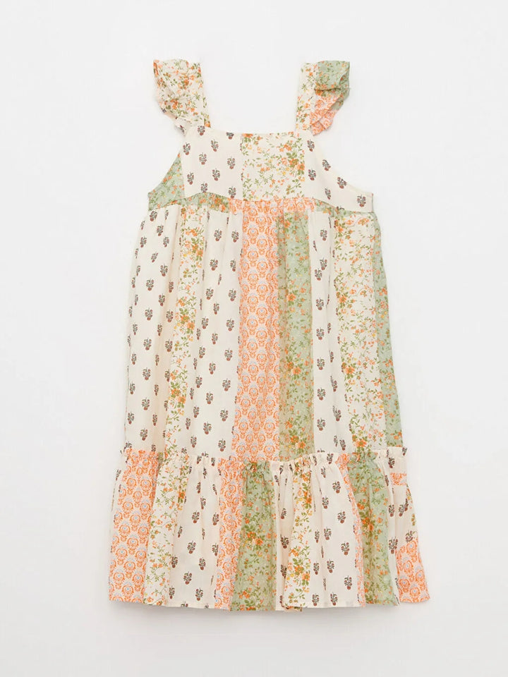 Square Neck Patterned Strap Poplin Girl Dress