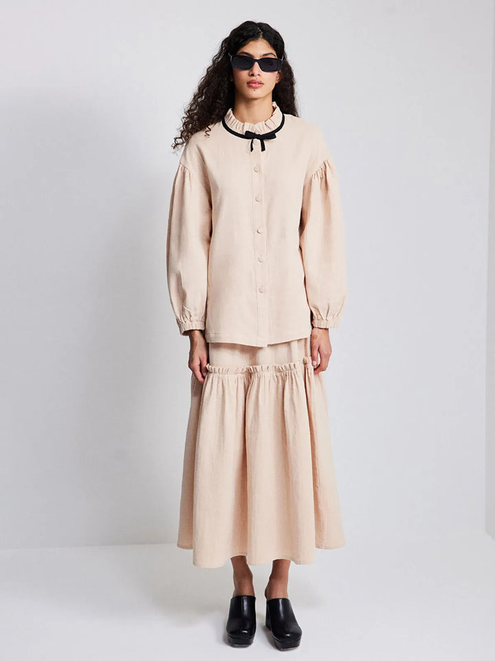 Kuaybe Gezgin X Lcw Modest Frilly Stand Up Collar Straight Long Sleeve Oversize Muslin Fabric Women Shirt