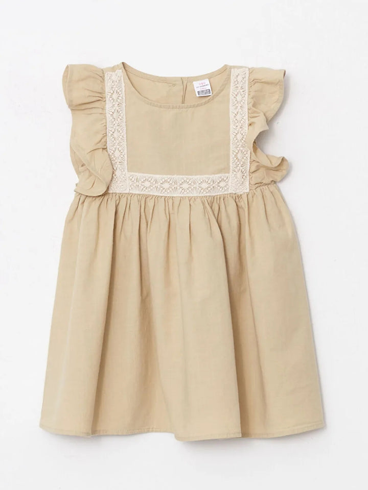 Crew Neck Embroidery Detailed Baby Girl Dress