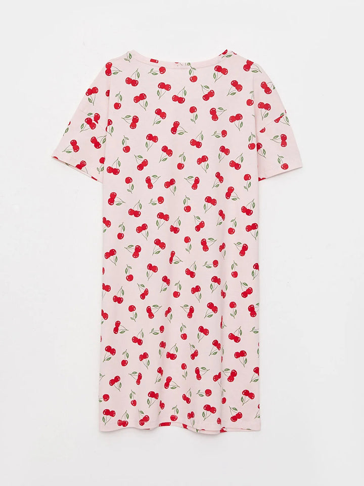 Crew Neck Patterned Short Sleeve Cotton Women Nightgown