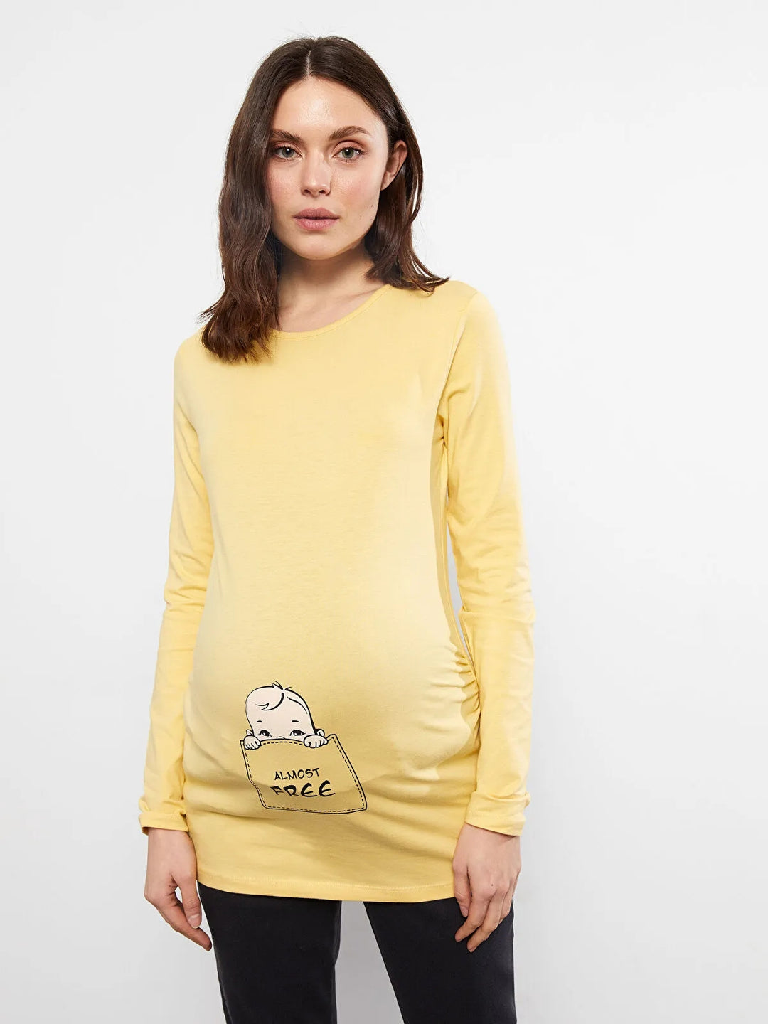 Crew Neck Printed Long Sleeve Cotton Maternity T-Shirt