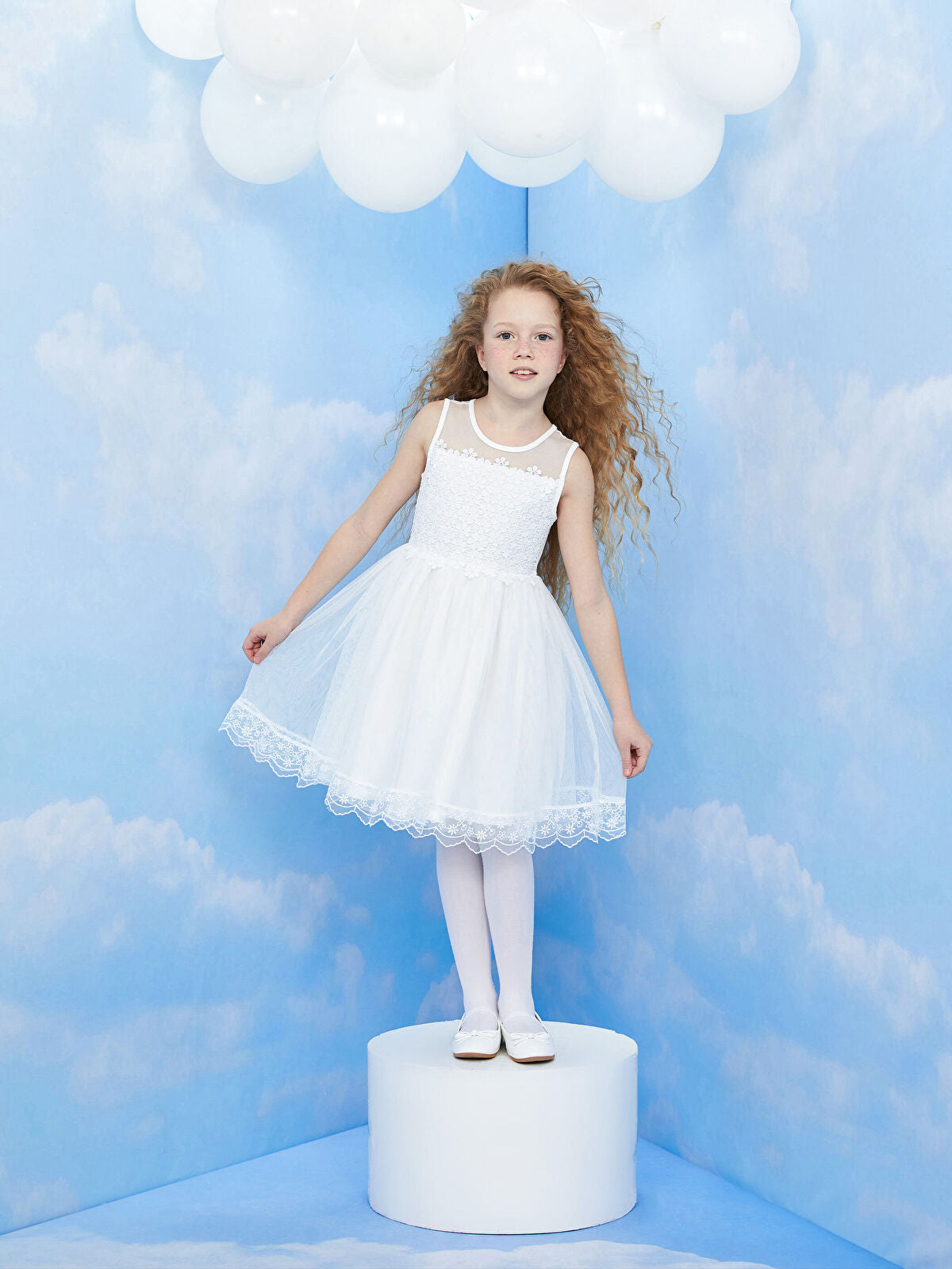 Kids Crew Neck Lace Detailed Girl Dress