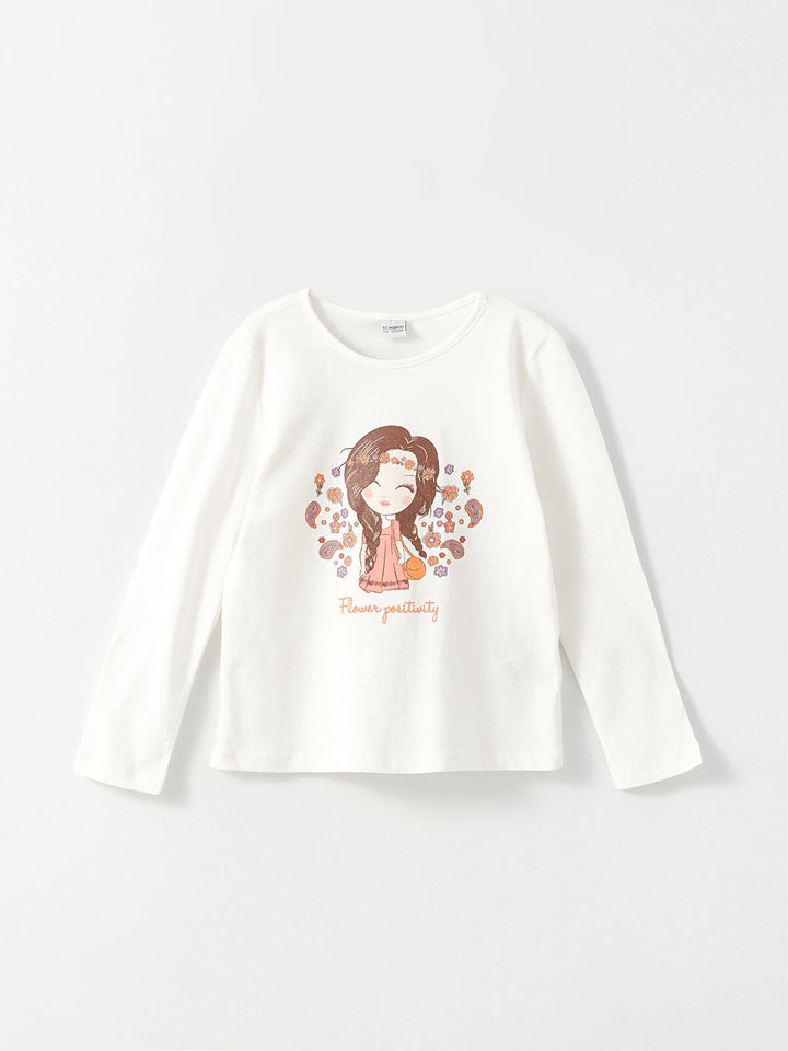 Crew Neck Printed Long Sleeve Girls T-Shirt