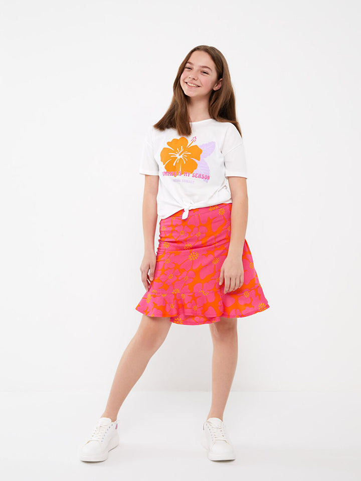 Crew Neck Printed Short Sleeve Girl's T-Shirt and Skirt