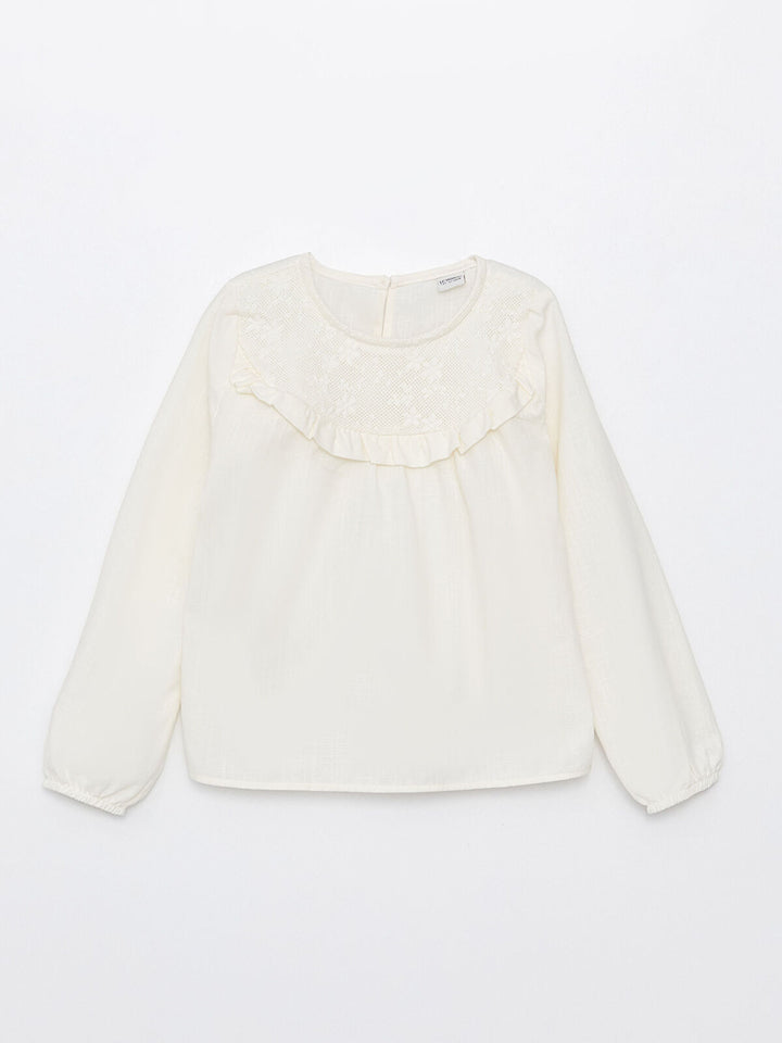 Crew Neck Lace Detailed Long Sleeve Girls Blouse