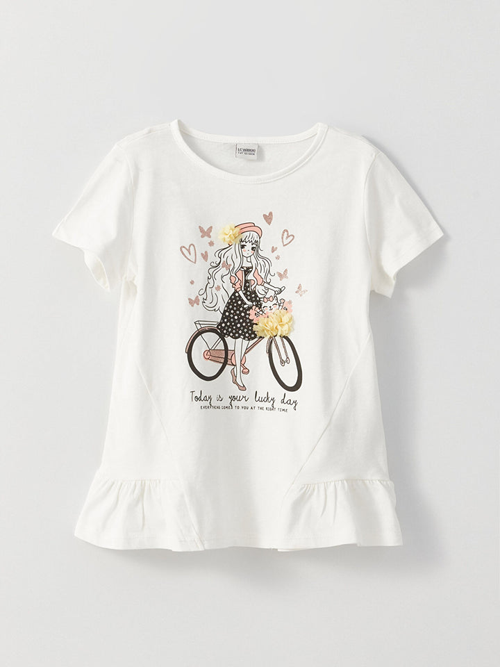 Crew Neck Printed Short Sleeve Girls T-Shirt And Tights