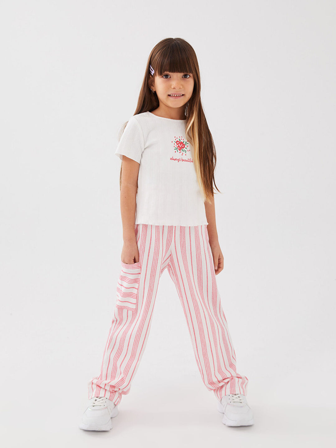 Ecru Crew Neck Printed Short Sleeve Girls T-Shirt And Trousers