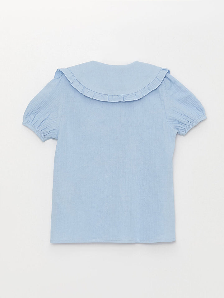 قميص بناتي مطرز باللون الأزرق بياقة وأكمام قصيرة