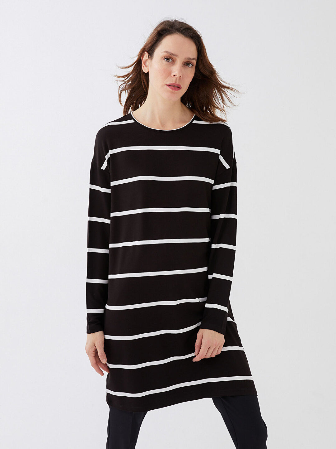 Crew Neck Striped Long Sleeve Oversize Women Tunic