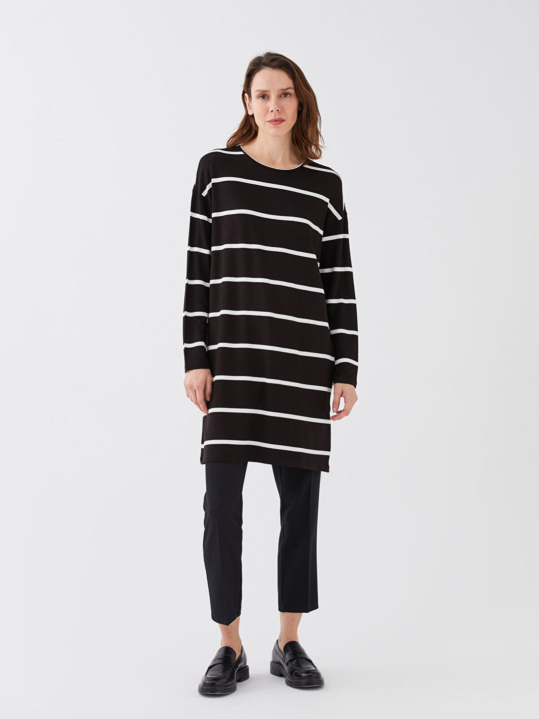 Crew Neck Striped Long Sleeve Oversize Women Tunic