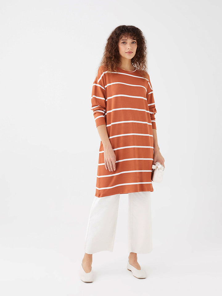 Crew Neck Striped Long Sleeve Oversize Women Tunic