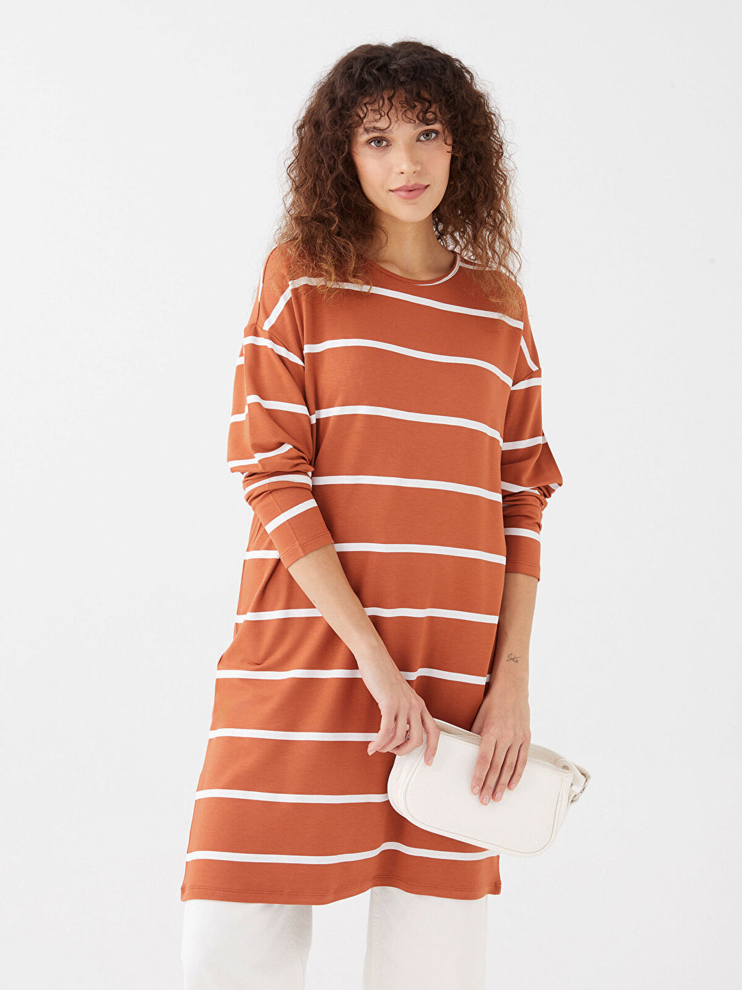 Crew Neck Striped Long Sleeve Oversize Women Tunic