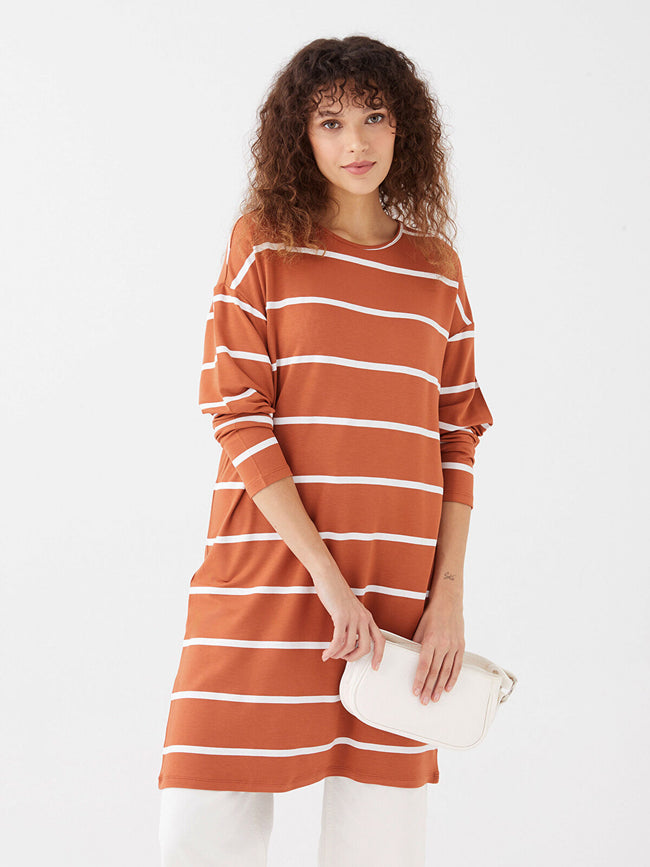 Crew Neck Striped Long Sleeve Oversize Women Tunic Main Image