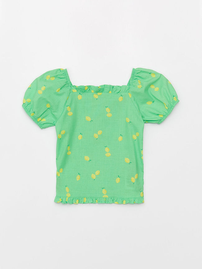 Square Collar Patterned Short Sleeve Girls Blouse Hover Image