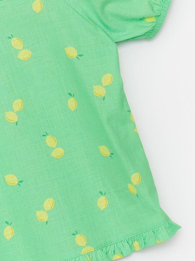 Square Collar Patterned Short Sleeve Girls Blouse Main Image