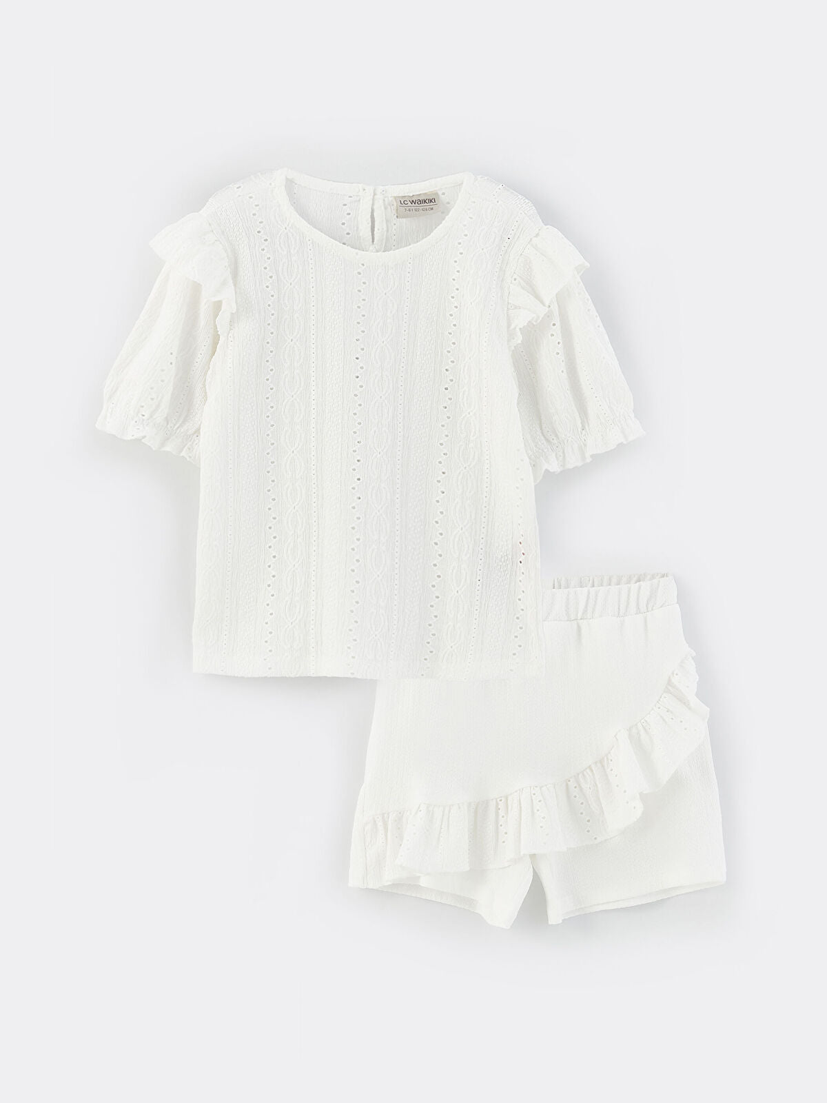 Crew Neck Self-Patterned Short Sleeve Girls T-Shirt And Shorts