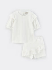 Crew Neck Self-Patterned Short Sleeve Girls T-Shirt And Shorts