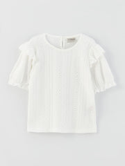 Crew Neck Self-Patterned Short Sleeve Girls T-Shirt And Shorts