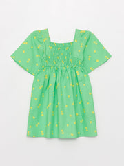 Square Neck Patterned Short Sleeve Girls Dress