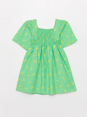 Square Neck Patterned Short Sleeve Girls Dress