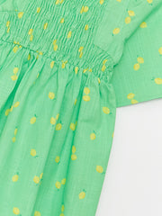 Square Neck Patterned Short Sleeve Girls Dress