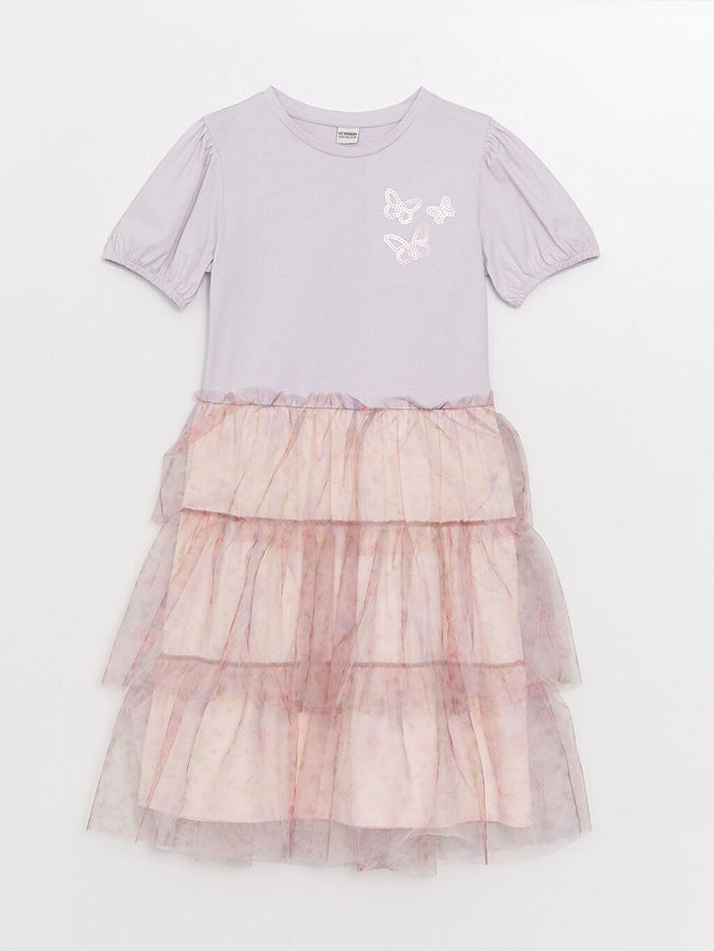 Crew Neck Sequin Embroidered Short Sleeve Girl Dress Hover Image