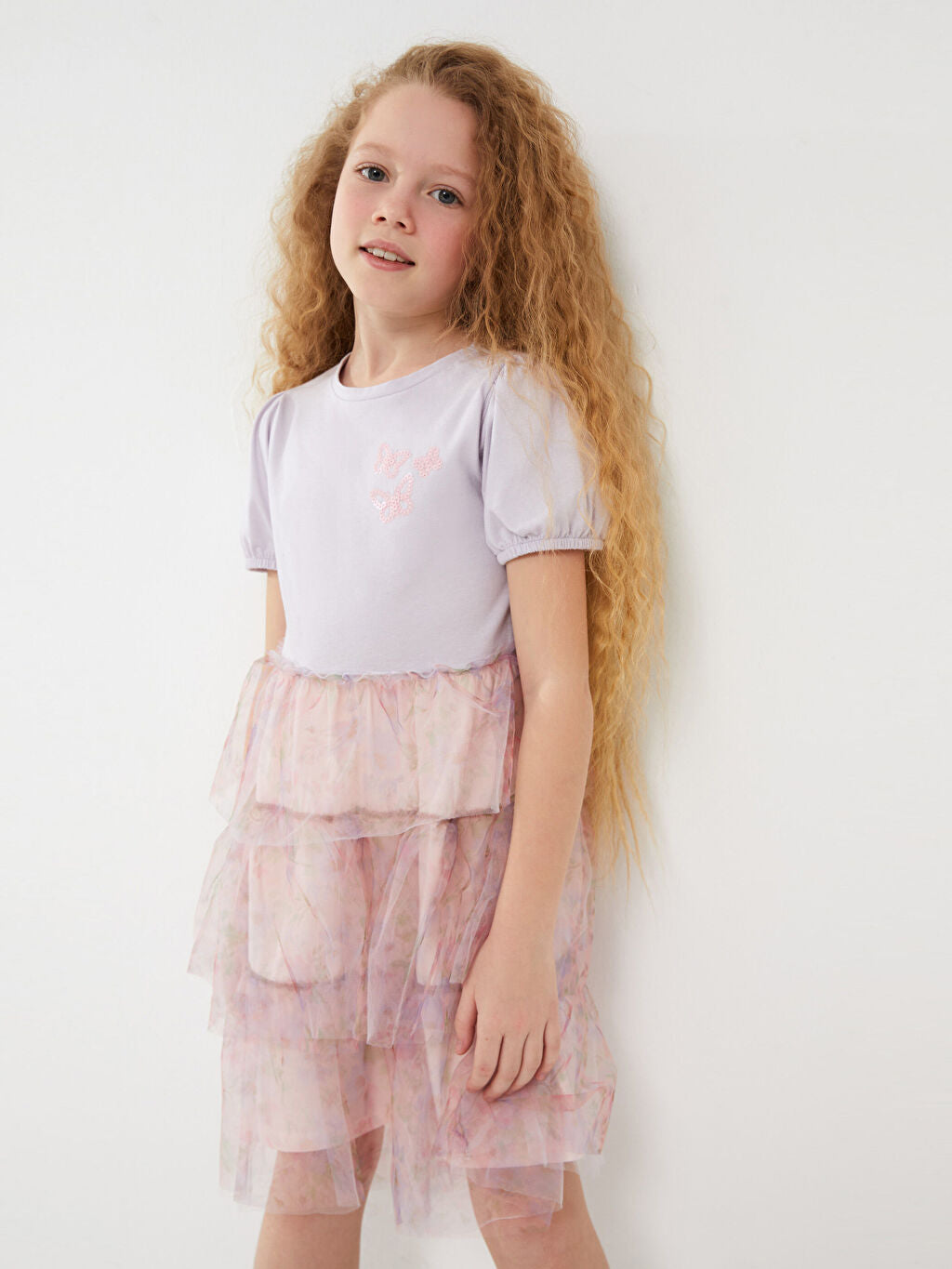 Crew Neck Sequin Embroidered Short Sleeve Girl Dress