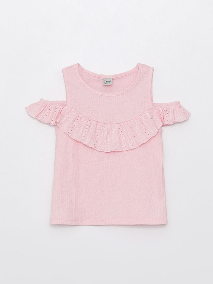 Pink Crew Neck Scalloped Detailed Short Sleeve Girls T-Shirt