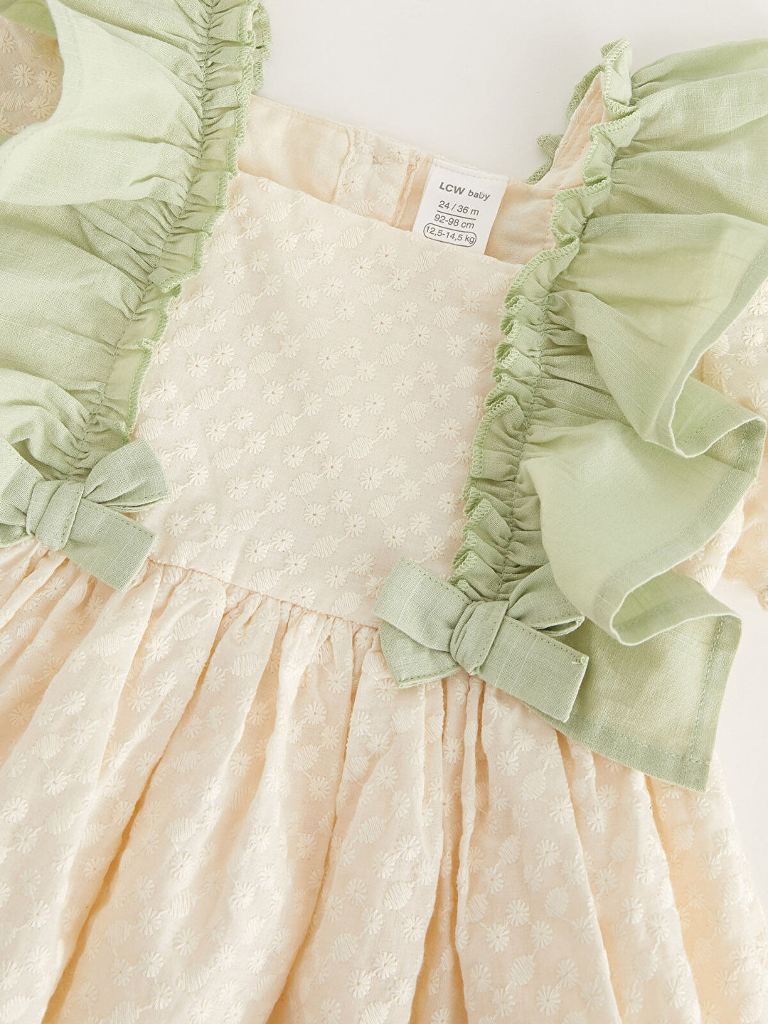 Ecru Square Collar Short Sleeve Embroidery Detailed Baby Girl Dress