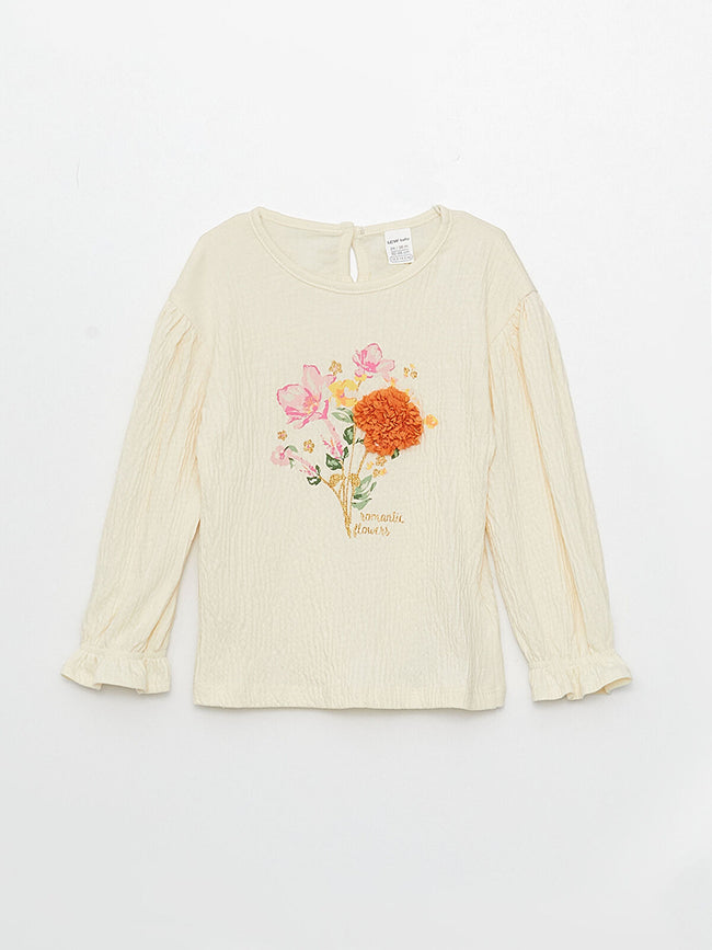 Crew Neck Long Sleeve Embroidery Detailed Baby Girl T-Shirt Hover Image