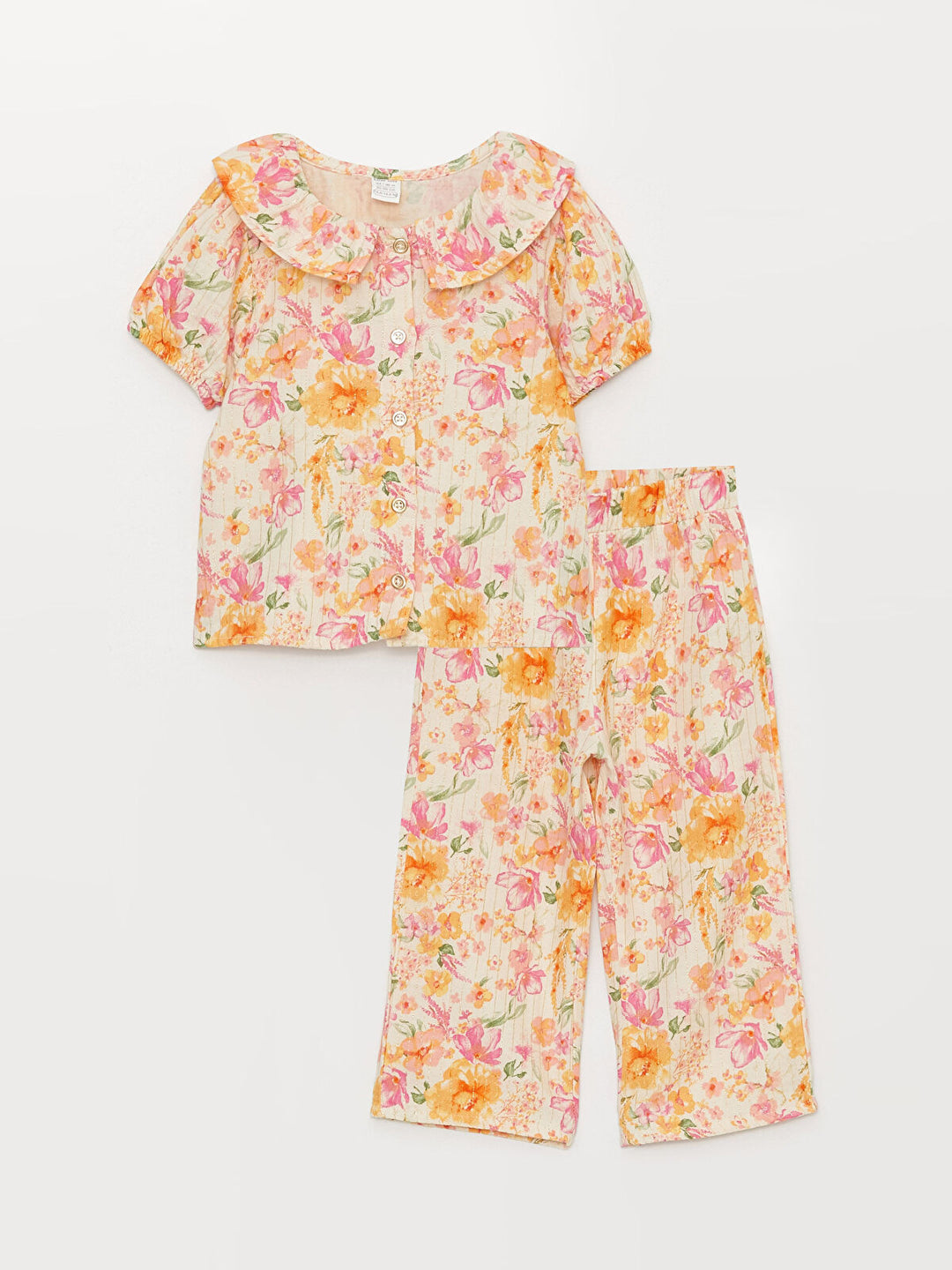 Baby Collar Short Sleeve Patterned Baby Girl Blouse And Trousers 2-Piece Set