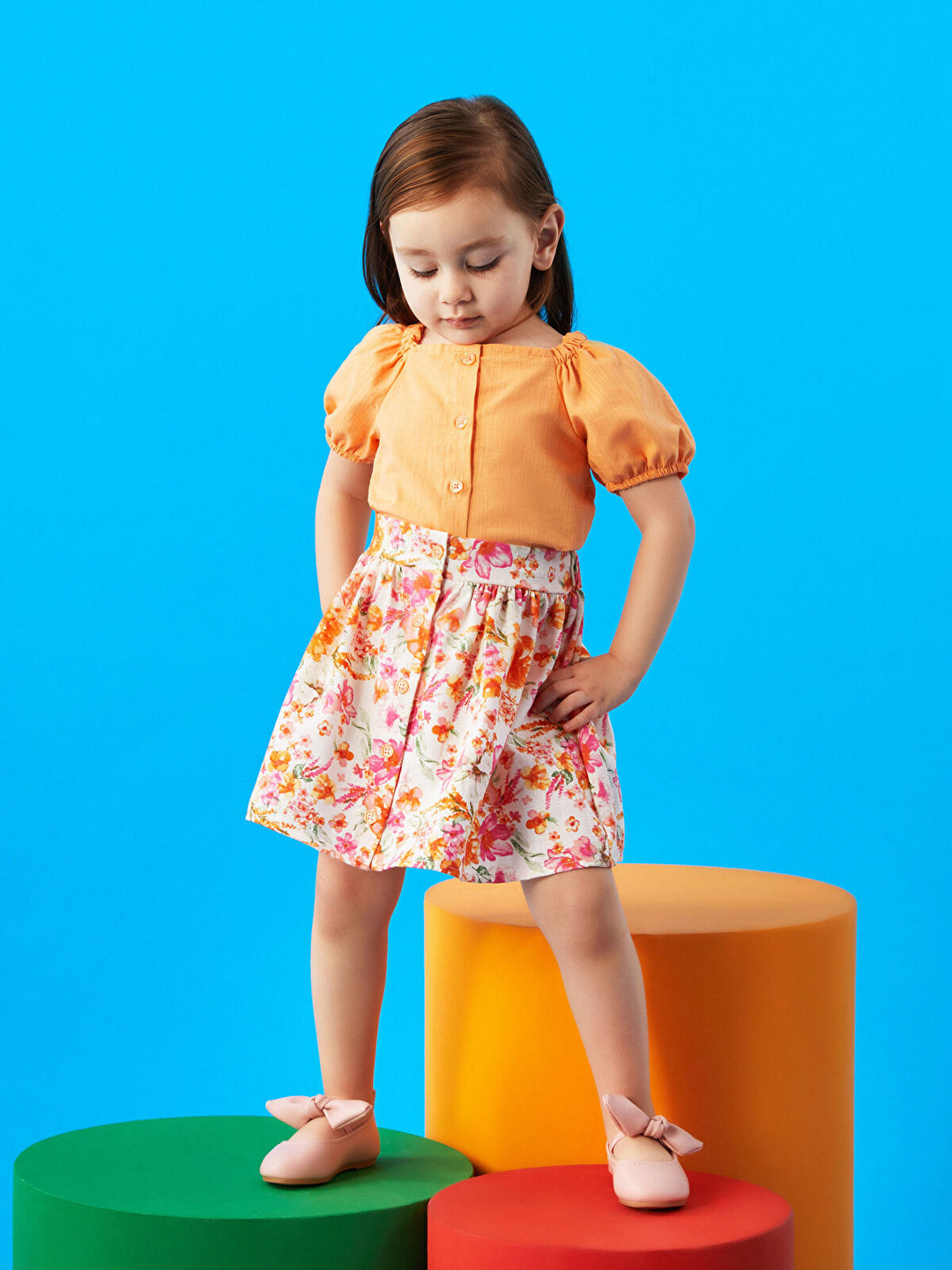 Square Collar Short Sleeve Baby Girl Shirt And Skirt 2-Pack Set
