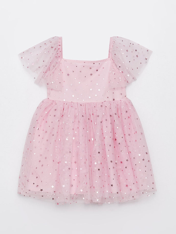 Square Neck Short Sleeve Printed Tulle Skirt Baby Girl Dress