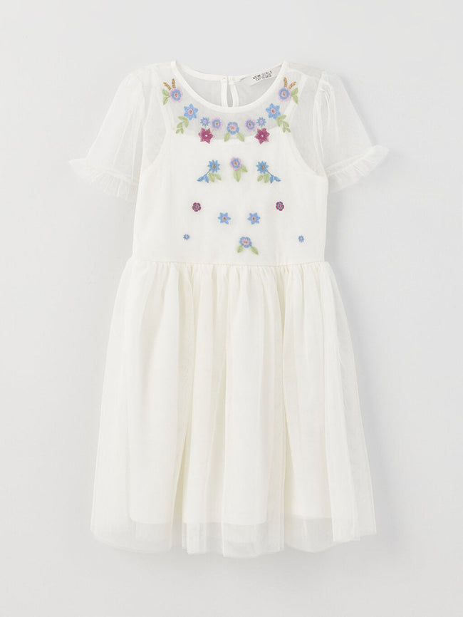 Crew Neck Embroidery Detailed Short Sleeve Girl's Dress Hover Image