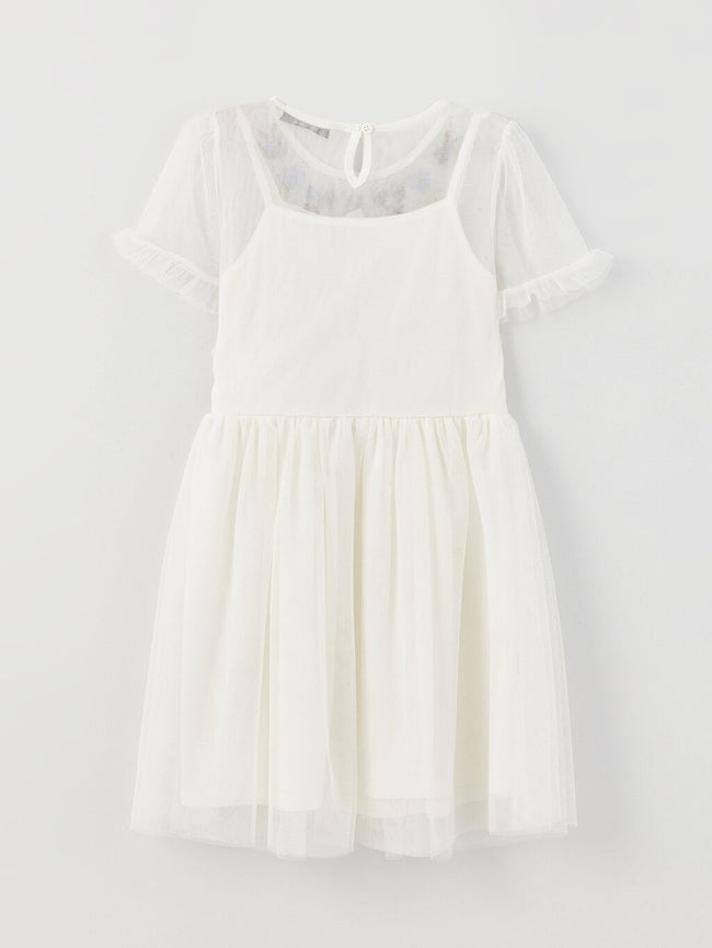 Crew Neck Embroidery Detailed Short Sleeve Girl's Dress Main Image