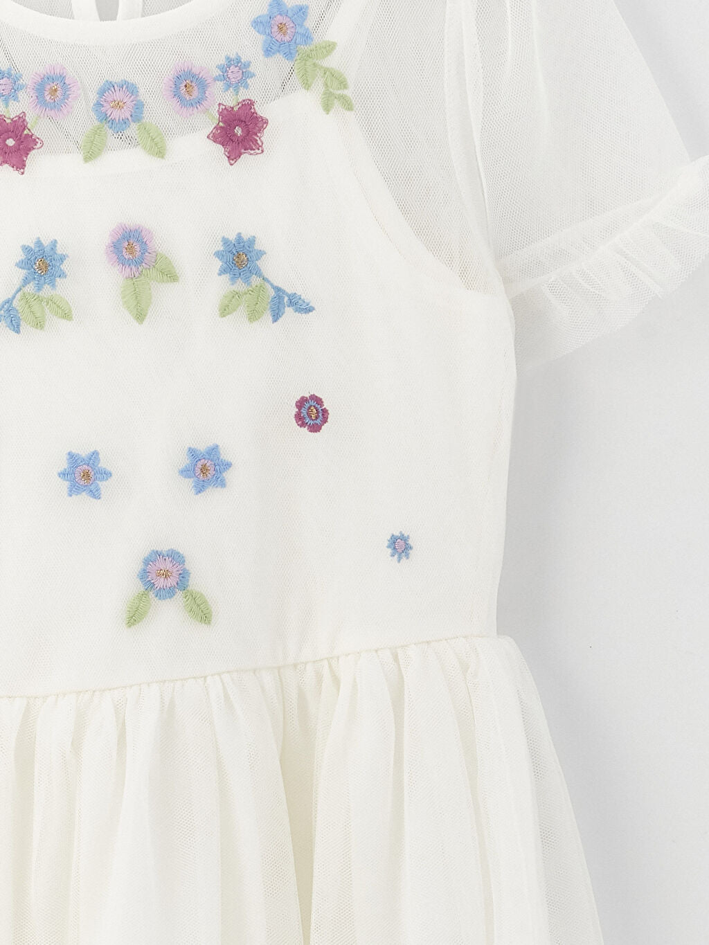 Crew Neck Embroidery Detailed Short Sleeve Girl's Dress