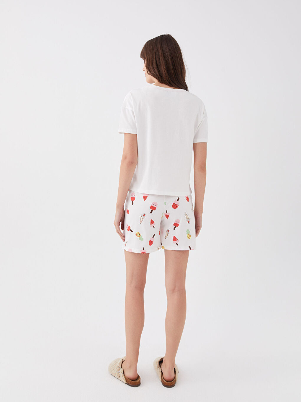 Crew Neck Printed Short Sleeve Women Shorts Pajamas Set