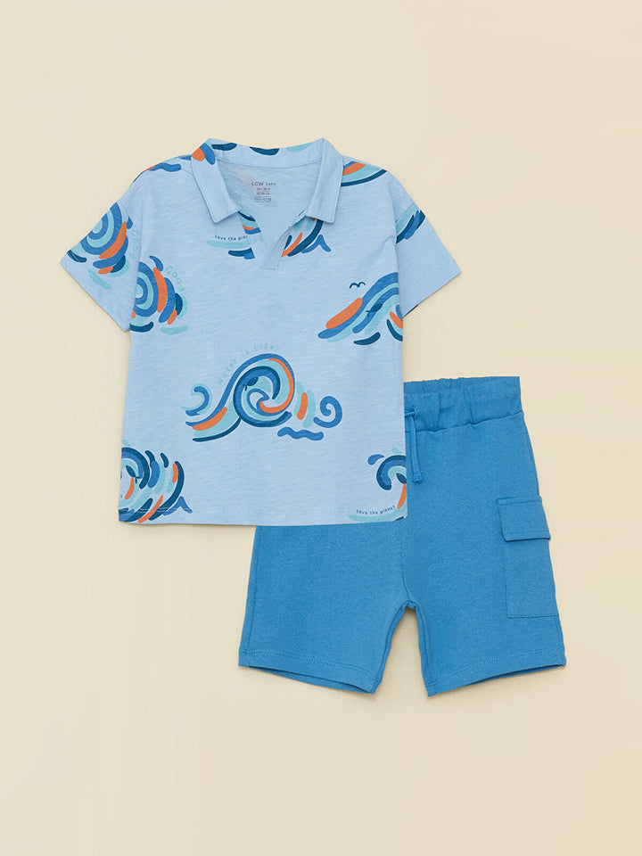 Blue Polo Collar Short Sleeved Printed Baby Boy T-Shirt And Shorts 2-Pack Set