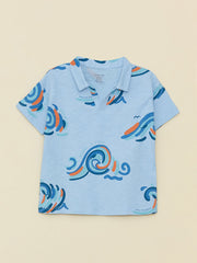 Blue Polo Collar Short Sleeved Printed Baby Boy T-Shirt And Shorts 2-Pack Set