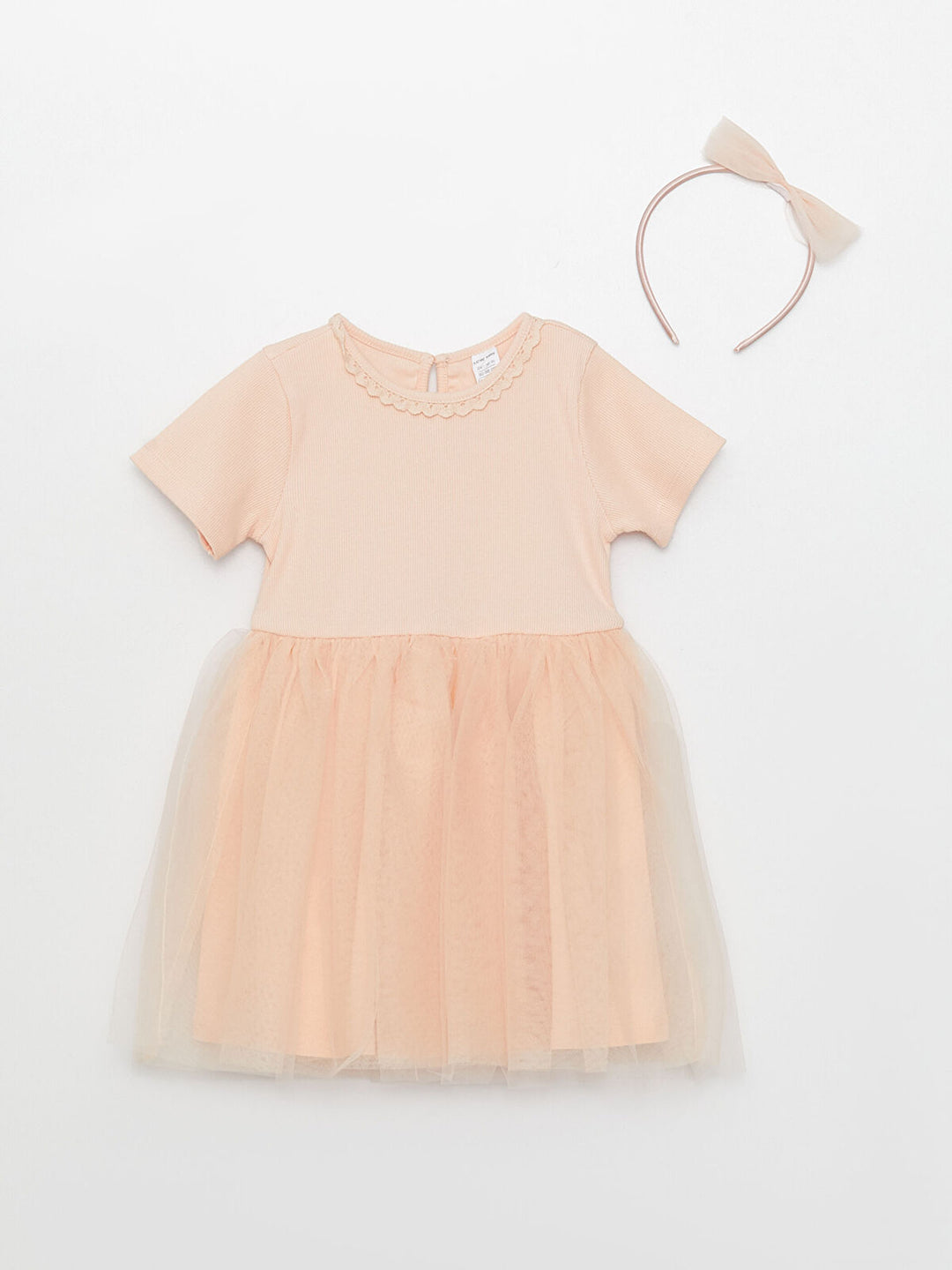 Crew Neck Short Sleeve Tulle Detailed Baby Girl Dress And Crown 2 Piece Set