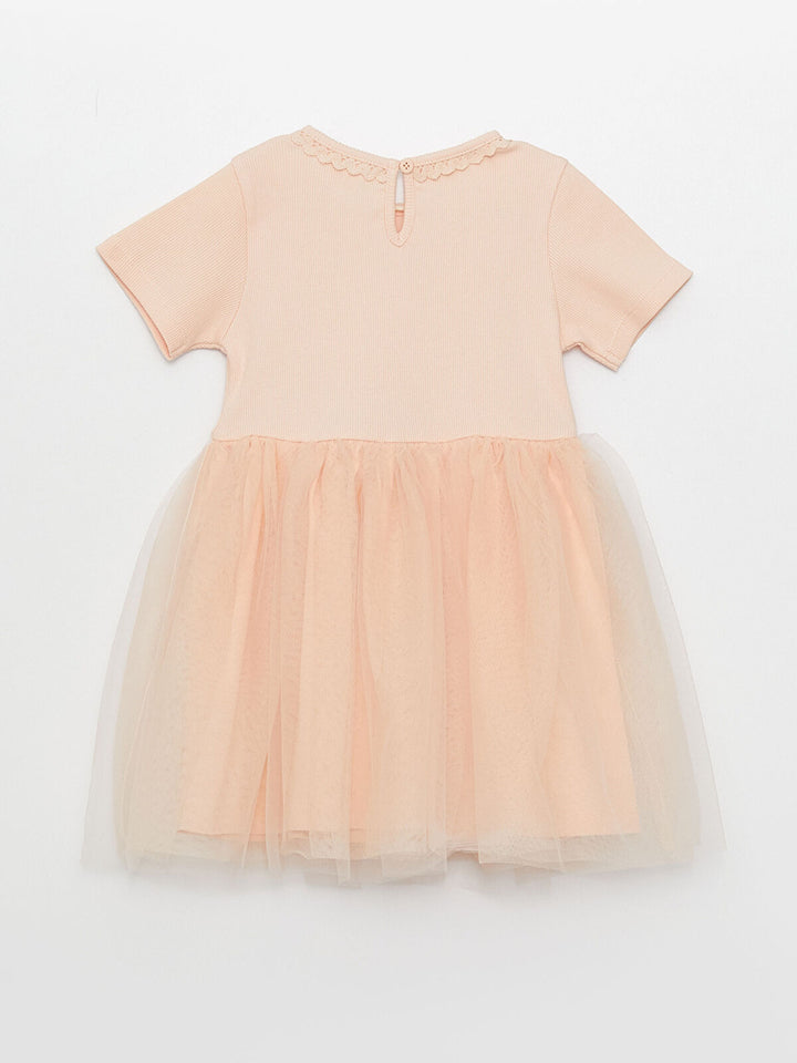 Crew Neck Short Sleeve Tulle Detailed Baby Girl Dress And Crown 2 Piece Set
