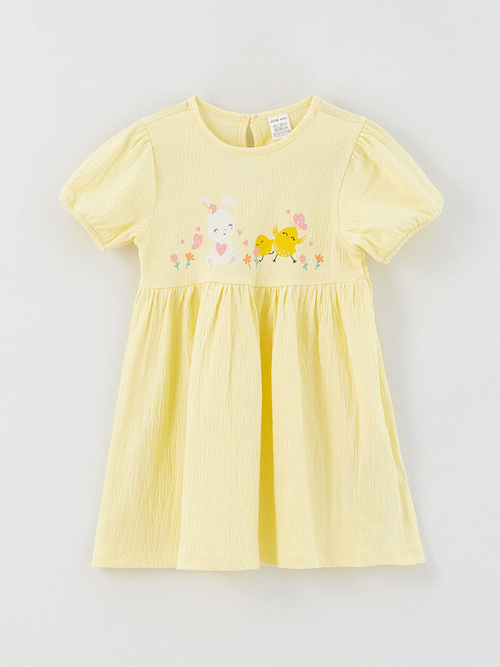 Yellow Crew Neck Short Sleeve Printed Baby Girl Dress