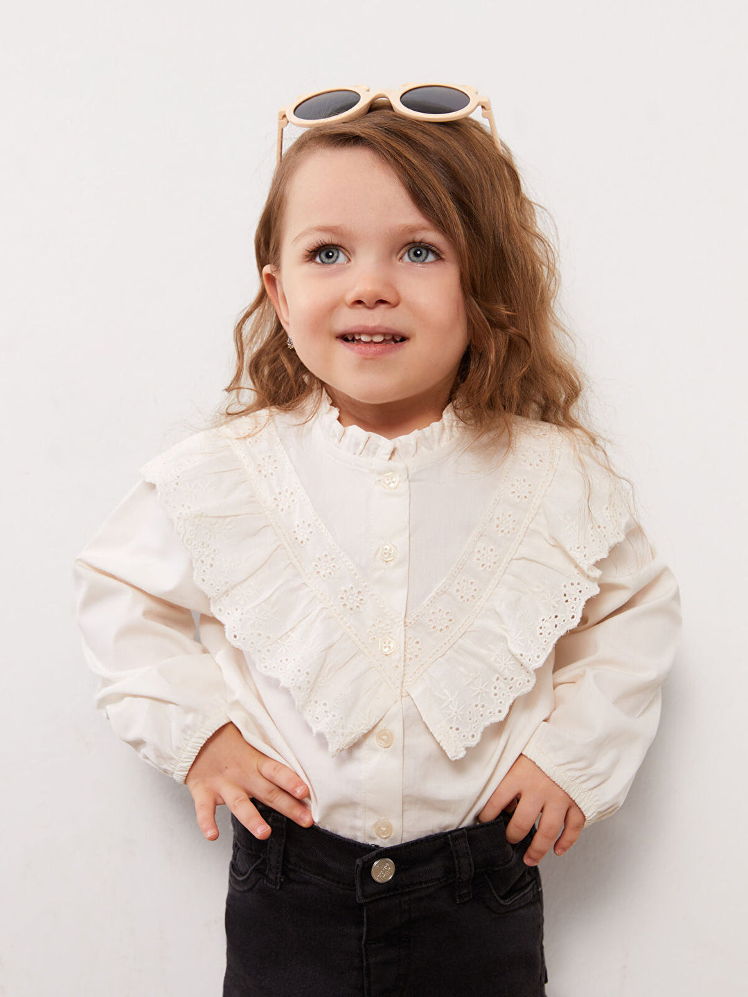 Stand Up Collar Long Sleeve Embroidery Detailed Baby Girl Shirt