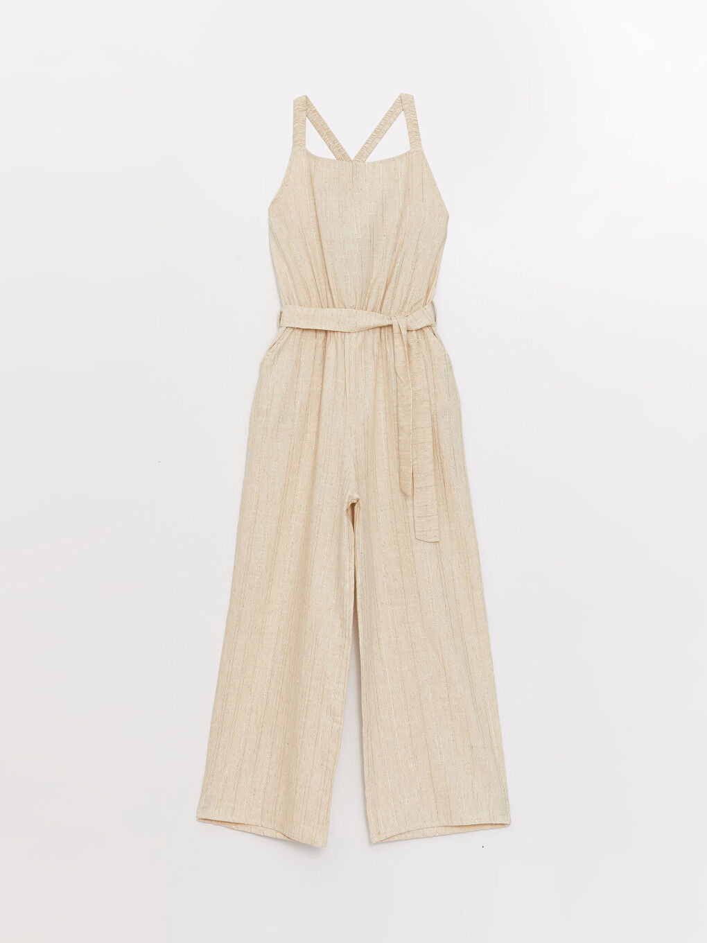 Square Collar Basic Linen Blend Girls Overalls