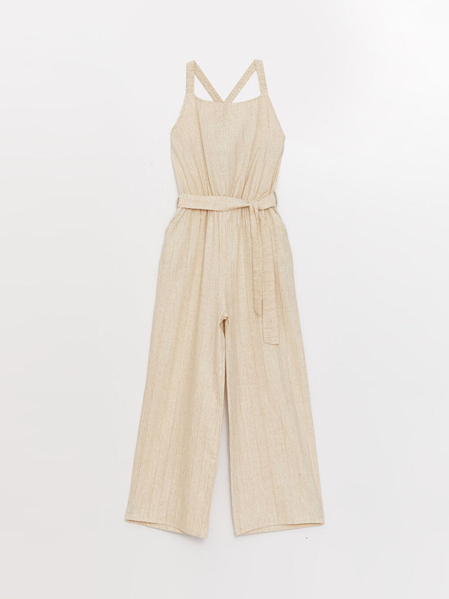 Square Collar Basic Linen Blend Girls Overalls Hover Image
