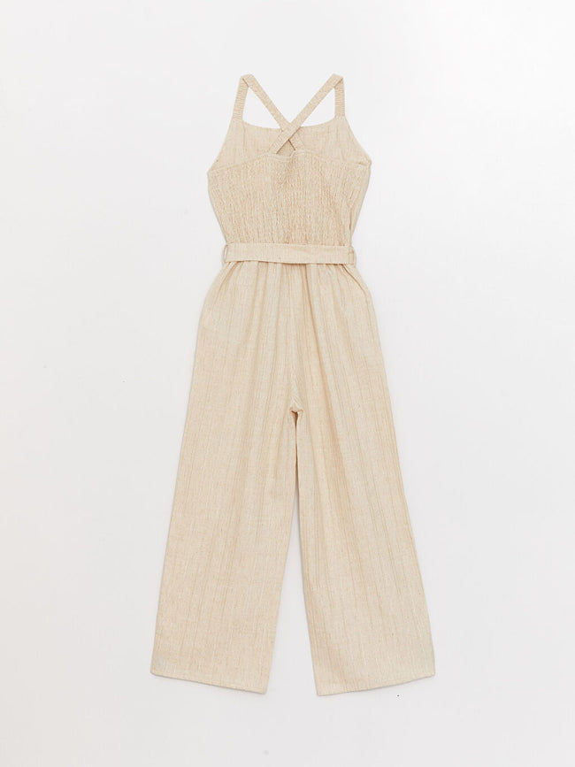 Square Collar Basic Linen Blend Girls Overalls Main Image