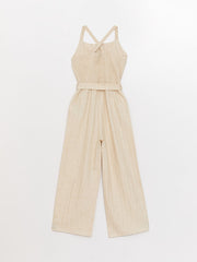 Square Collar Basic Linen Blend Girls Overalls